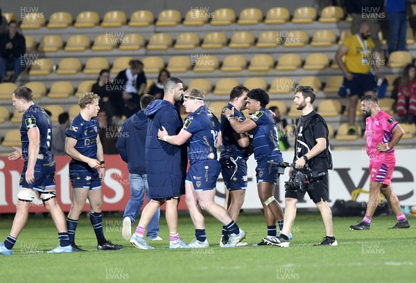 110426 - Zebre Parma v Dragons RFC - EPCR Challenge Cup Quarter Final - Dragons players celebrates after the match