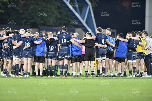 110426 - Zebre Parma v Dragons RFC - EPCR Challenge Cup Quarter Final - Dragons huddle after their victory