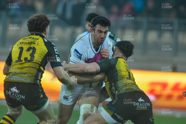 130124 - Zebre Parma v Dragons RFC - EPCR Challenge Cup - Enrico Lucchin of Zebre is tackled by Harri Ackerman of Dragons