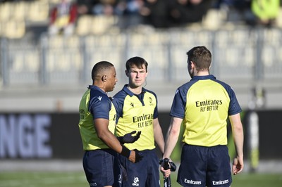 110126 - Zebre Parma v Ospreys - EPCR Challenge Cup - Referee Griffin Colby (L) with assistants Jack MacNeice and Rob McDowell