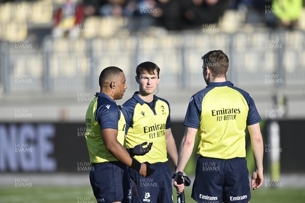 110126 - Zebre Parma v Ospreys - EPCR Challenge Cup - Referee Griffin Colby (L) with assistants Jack MacNeice and Rob McDowell