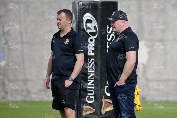 140418 - Zebre v Dragons - Guinness PRO14 - Dragons Head Coach Bernard Jackman and Defence Coach Hendre Marnitz during the warm up