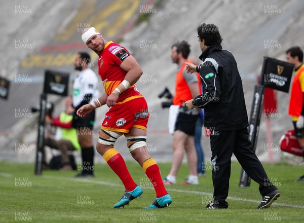 140418 - Zebre v Dragons - Guinness PRO14 - Rynard Landman of Dragons returns to the field after treatment for an injury