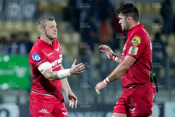 090917 - Zebre Rugby Club v Scarlets - Guinness PRO14 -  Hadleigh Parkes of Scarlets celebrates the victory with Tom Price at the end of the match